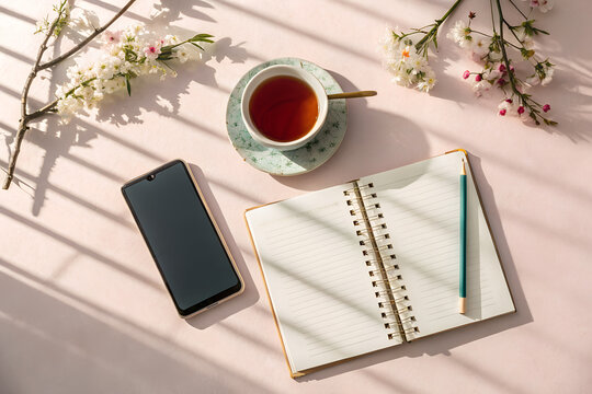 Digital Detox Concept with Smartphone Put Aside and Notebook, Spring Reset