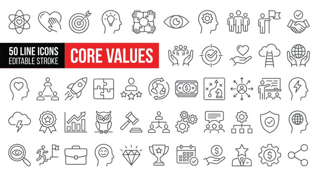 Set of 50 Core Values line icons set. Core Values outline icons with editable stroke collection. Includes Vision, Empathy, Honesty, Social Responsibility, Charity, and More.