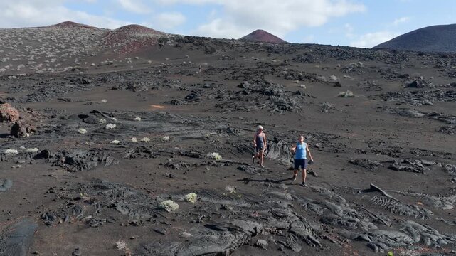 Aerial View Hiking Couple Volcanic Coast Southernmost Point Spain El Hierro Canary Islands La Restinga Adventure Travel