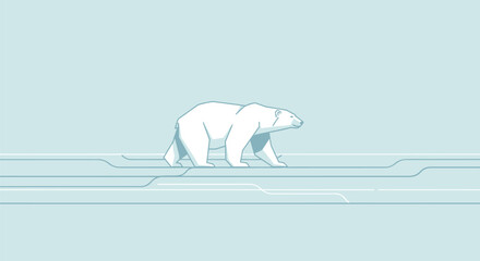 A beautifully stylized polar bear, rendered with clean lines and geometric shapes, walks purposefully across a minimalist blue and white arctic landscape, symbolizing its natural habitat. © Mudassir