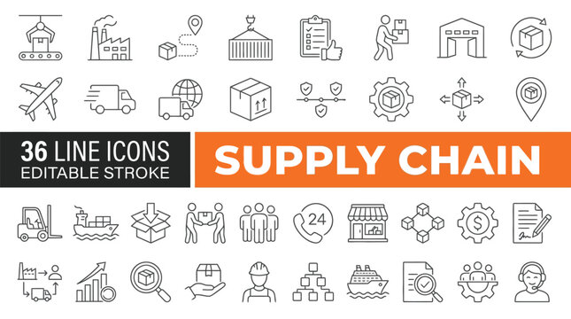 Set of 36 Supply Chain line icons set. Supply Chain outline icons with editable stroke collection. Includes Logistics, Management, Retailer, Cargo Ship, Labour, and More.
