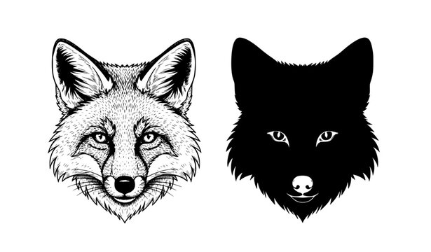 Contrasting Fox Head Designs &ndash; Detailed Engraving and Solid Silhouette Vector Illustration Set