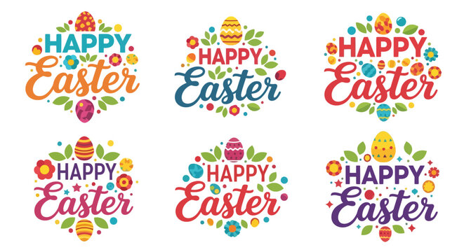 Colorful Happy Easter Text Logos.