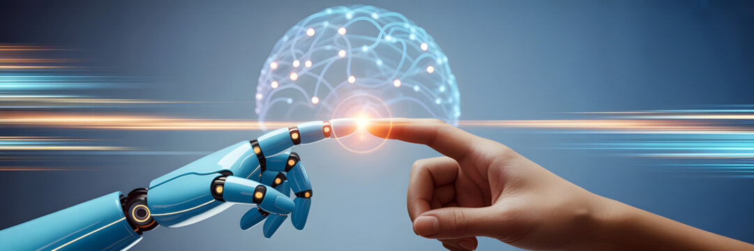 Futuristic cinematic close up of a robotic hand and a human finger touching a glowing digital brain network symbolizing ai integration and technological advancement with motion
