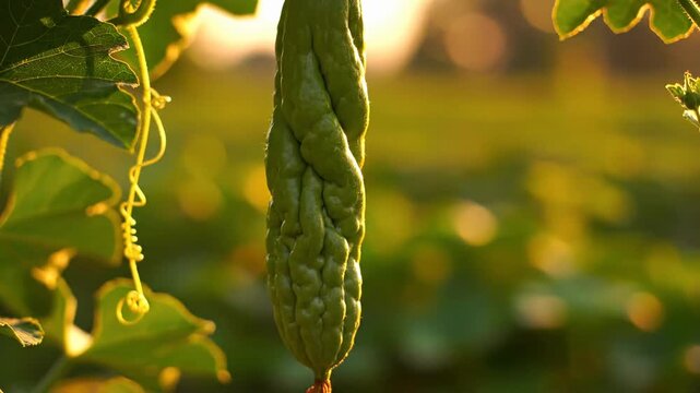 Fresh green bitter melon hanging from a vine at sunset, with bokeh background, natural light illuminating the textured vegetable