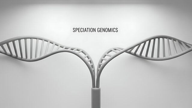 DNA double helix model with speciation genomics text on a gray background  genetic concept