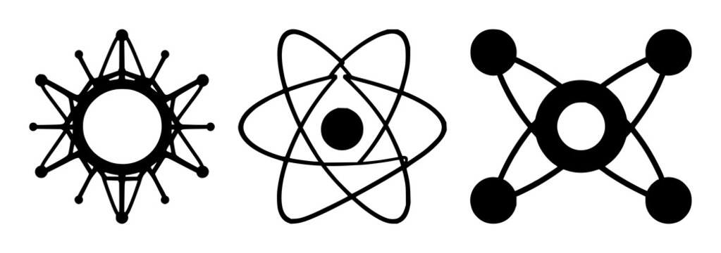 Quantum computing qubit atom set with solid black icon on white background featuring qubit, atom, quantum mechanics with iconography and vector graphics