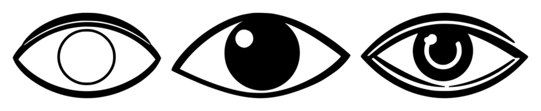 Eye icon set with solid black graphic on white background featuring eye, computer, vision, scanning with technology and design