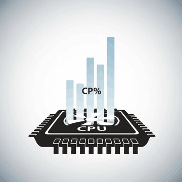 CPU usage percentage visualized with bar graph on a computer chip.