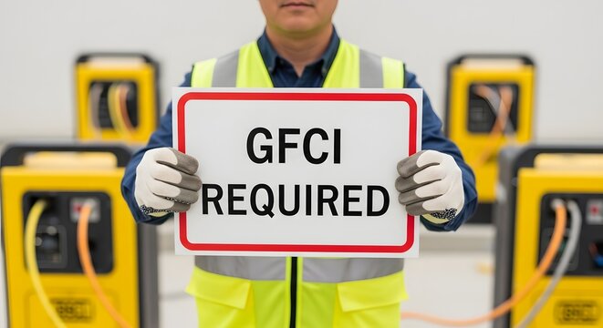 A construction worker holding a GFCI required sign in a workplace with safety equipment