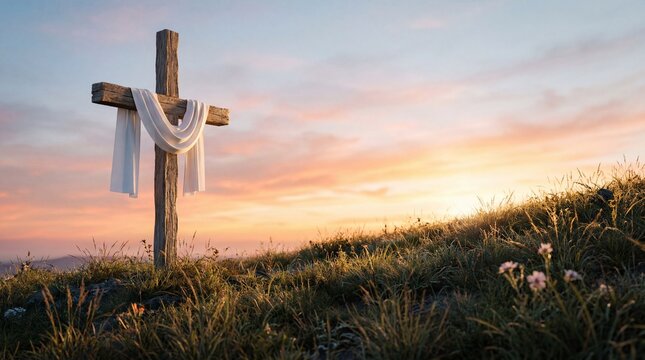 A wooden cross stands on a grassy hill with a white cloth draped over it at sunset