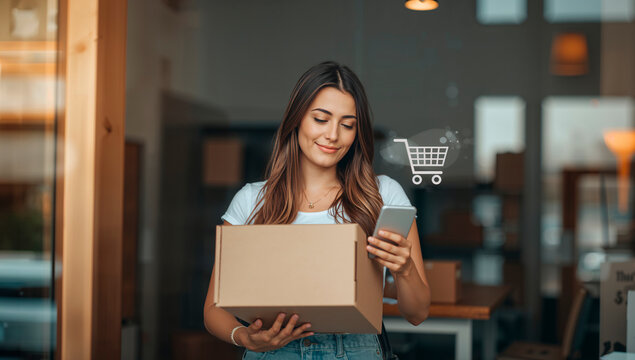 Mulher sorrindo ao receber encomenda representando satisfa&ccedil;&atilde;o do cliente no e-commerce