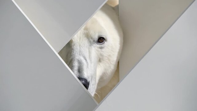 A polar bear peeks through a geometric cutout in a white wall.