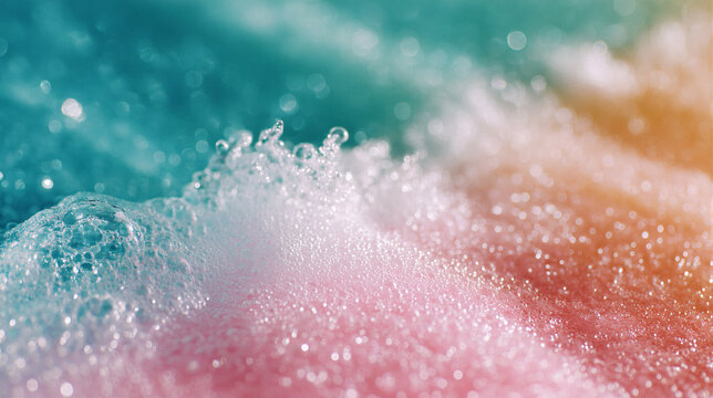 Colorful bath bomb fizzing and dissolving in water. Vibrant bubbles and swirls of teal orange and pink creating foamy texture. Spa relaxation self care bathing product concept for wellness and beauty