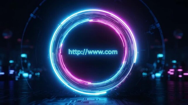 Neon Circular Portal with URL Address in Dark Tech Environment