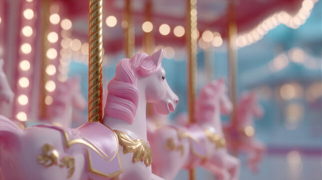 Pink carousel horse with golden accents on merry-go-round. Whimsical amusement park ride in motion. Fun fair entertainment concept for joyful carnival experiences