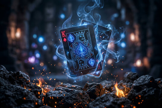 King of spades playing cards floating on fire and smoke magical blue glow dark background