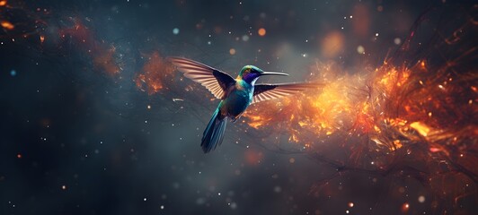 Naklejka premium Astral vision humming bird meets cosmos,generative AI