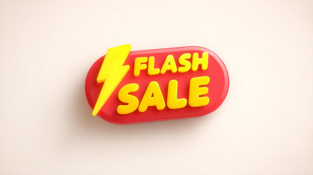 3D flash sale badge featuring lightning bolt icon. Vibrant promotional sign for limited time discounts in retail marketing. Dynamic advertising element for e-commerce sales and special offers in