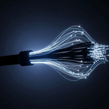 Fiber optic cable transmitting data with glowing light strands.