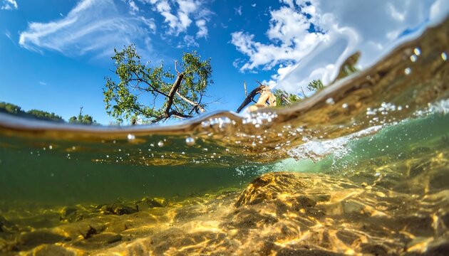 Split-level shot revealing half underwater, showcasing murky depths & surface with a tree against cloudy blue skies