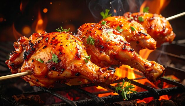 Appetizing close-up of grilled chicken drumsticks with rosemary garnish, smoky flames in background, set atop a grill