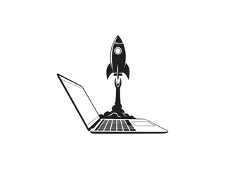 Laptop launch success concept rocket taking off on white background.