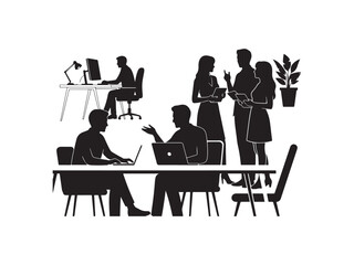 Office team collaboration and individuals working on computers on white background.