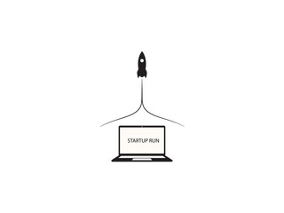 Black silhouette rocket launching from laptop screen on white background
