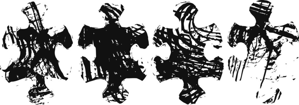 Four black painted puzzle pieces on white background abstract art concept