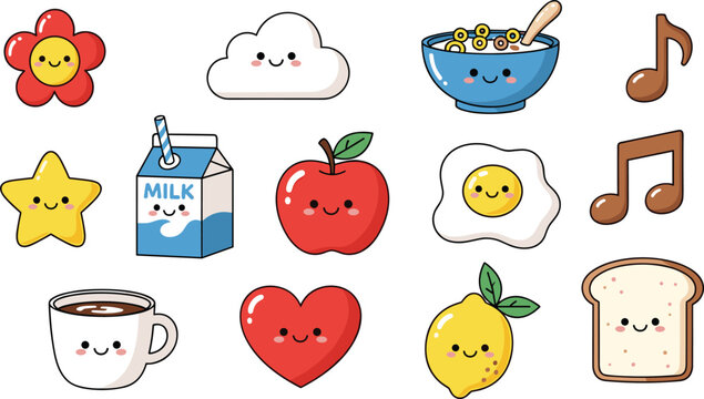 Cute Kawaii Food Icon Set Featuring Milk Coffee Bread Fruit Music Symbols and Sweet Cartoon Elements for Fun Design Collection