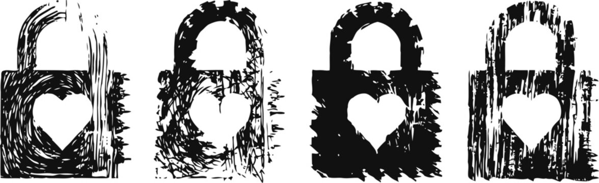 Grunge padlock set with heart shaped keyhole secure love and protection symbol concept design elements
