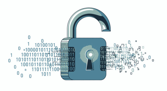 Digital padlock with binary code representing data security.
