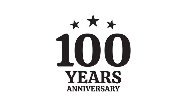 Number 100 with text "Years Anniversary" and three black stars above for celebration featuring hundred, milestone, century with event and award
