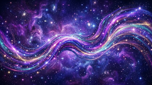 Vibrant purple galaxy background, cosmic waves, starry night sky, colorful nebula texture