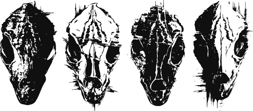 Four black and white snake skull illustrations with detailed anatomical features arranged vertically