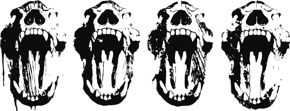 Four black and white roaring bear skull illustrations with open jaws and sharp teeth