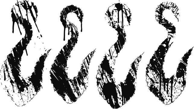grungy black fish hook silhouettes with paint drip and textured distress effect set