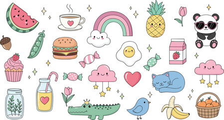 Obraz premium Cute Kawaii Doodle Icon Set Featuring Food Animals Rainbow Clouds and Sweet Elements for Fun Cartoon Decorative Design Collection