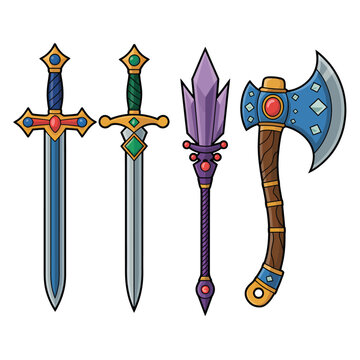 Four fantasy weapons a sword rapier dagger and battle axe illustration