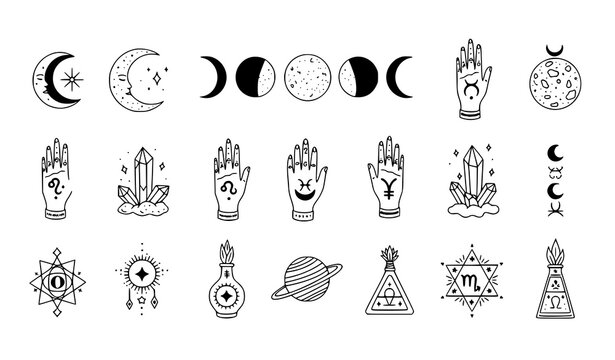Mystical doodle astrology icons set black and white boho esoteric vector collection with moon hands crystals and planets