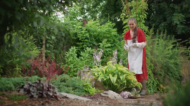 Woman in red dress tending hostas, apron, stone border and lush foliage in secluded cottage garden, gentle kneeling, inspecting leaves, careful pruning and soil care, soft daylight and tranquil summer