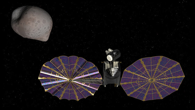 3D rendering of the Lucy space probe on it's mission to visit Trojan asteroids in our solar system. 