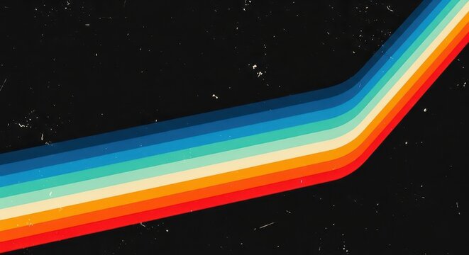 Retro 80s style vintage aesthetic background with a colorful diagonal rainbow stripe pattern on a textured black surface with dust and scratches
