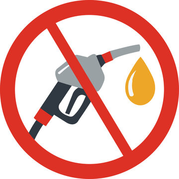 No Fuel Sign Vector Icon &ndash; Petrol Pump Prohibited Symbol with Gas Nozzle and Oil Drop Flat Illustration