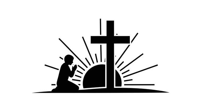 Man praying beside a cross.