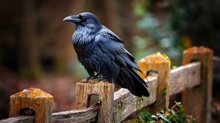 Naklejka premium A solitary black raven perched on a weathered wooden fence post in a natural outdoor setting.