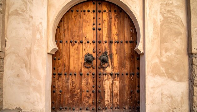 Close-up shot of a weathered wooden door, featuring an arched design with decorative metal studs and lion-head door knockers
