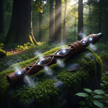 Mystical wooden flute adorned with glowing orbs rests upon a moss covered stone in a sunlit forest