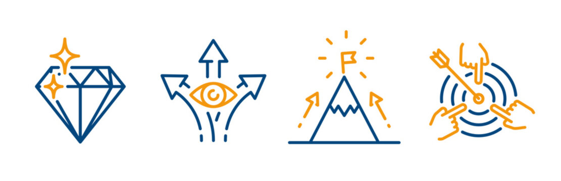 mission, vision, goal, value, outline icon set, success and growth, path vision, diamond gem, mission target, vector icons with editable stroke